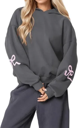 Womens Oversized Hoodies Bow Graphic Print Sweatshirts Casual Long Sleeve Shirts Pullover Hooded Jacket with Pockets