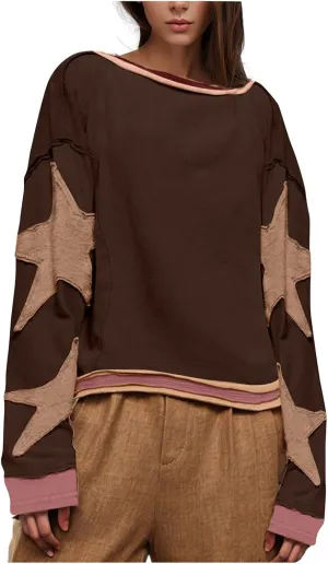 Womens Oversized Sweatshirts Fashion Y2k Tops Casual Crewneck Patchwork Pattern Pullover Shirt 2024 Streetwear