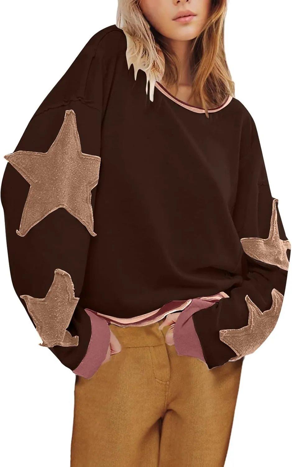 Womens Oversized Sweatshirts Fashion Y2k Tops Casual Crewneck Patchwork Pattern Pullover Shirt 2024 Streetwear