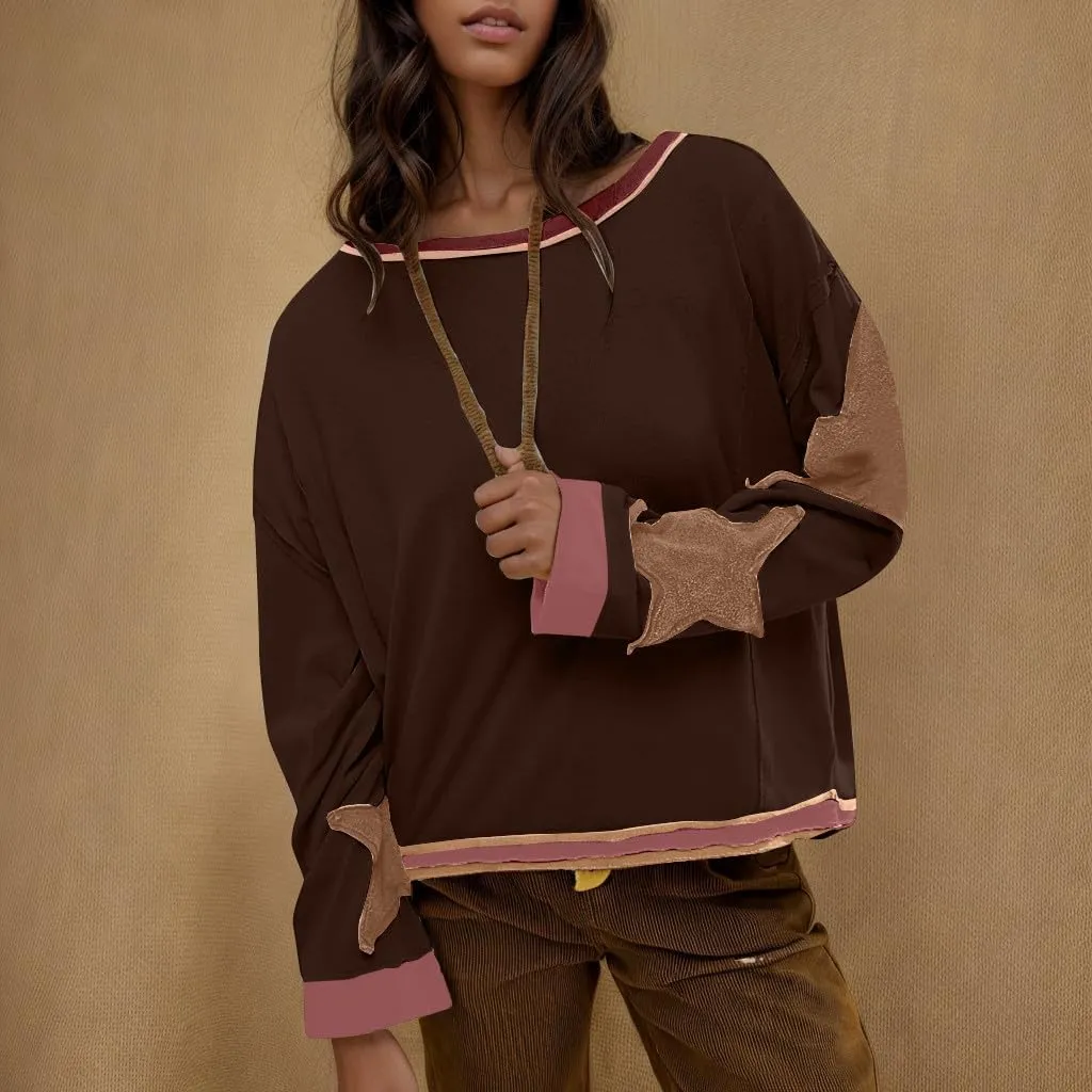 Womens Oversized Sweatshirts Fashion Y2k Tops Casual Crewneck Patchwork Pattern Pullover Shirt 2024 Streetwear