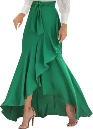 Women's Plaid Mermaid Maxi Skirt Casual Drawstring Swing A Line Skirts Irregular Ruffle Hem Fishtail Long Skirt