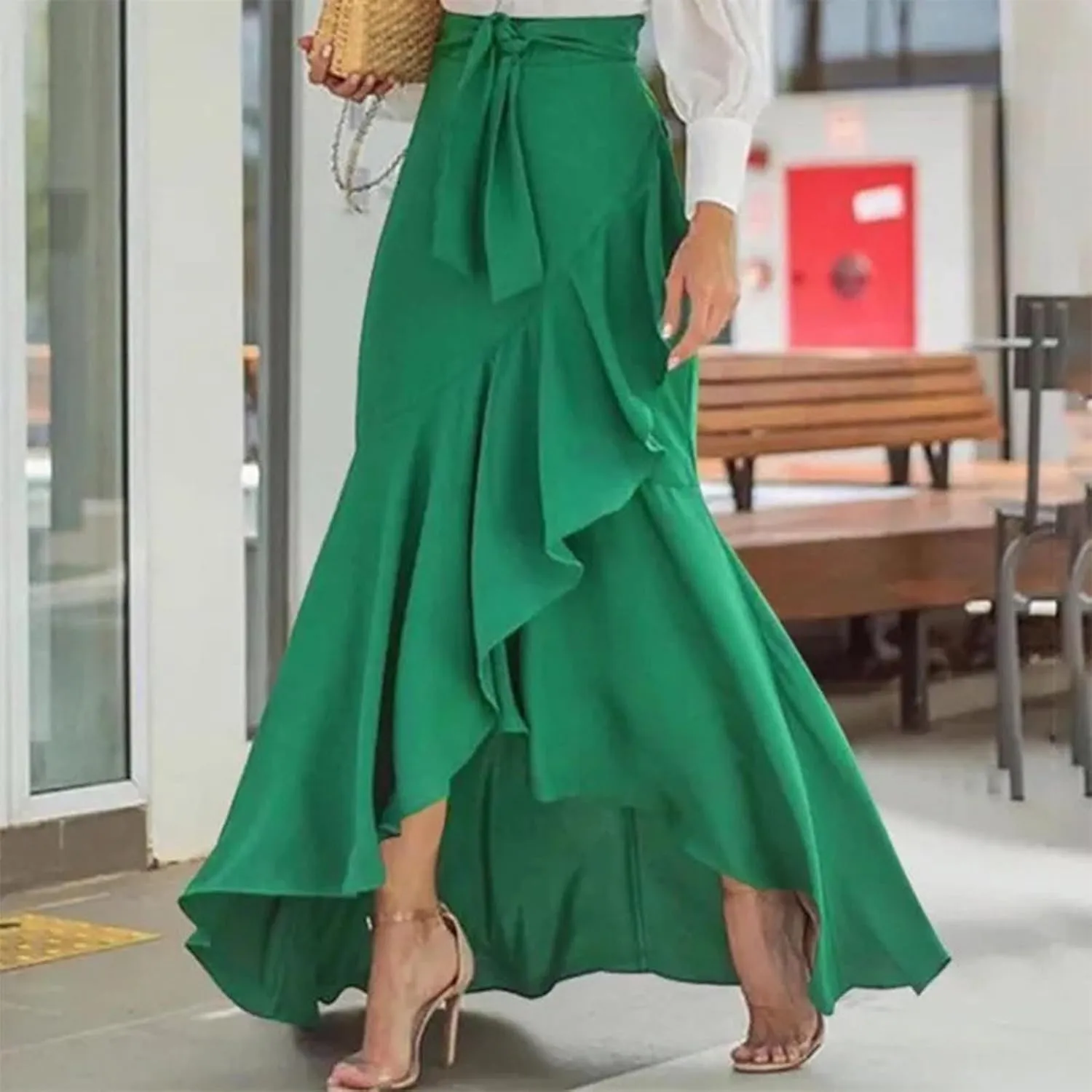Women's Plaid Mermaid Maxi Skirt Casual Drawstring Swing A Line Skirts Irregular Ruffle Hem Fishtail Long Skirt