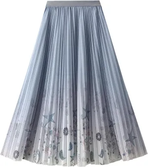 Womens Pleated Midi Skirt Tulle Tutu Graphic Print Elastic Waist A-Line Mesh Summer Long Flowy Skirts