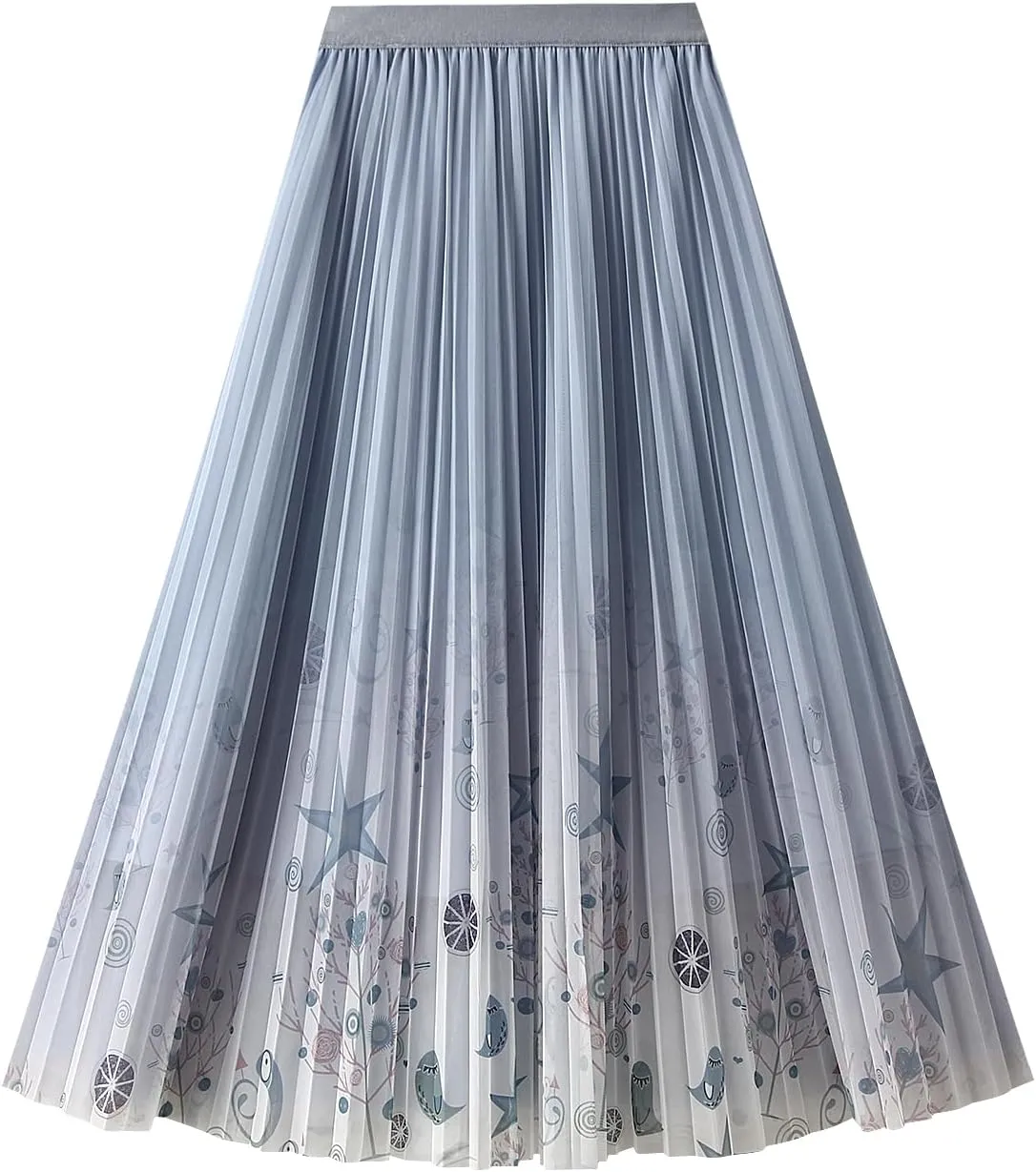 Womens Pleated Midi Skirt Tulle Tutu Graphic Print Elastic Waist A-Line Mesh Summer Long Flowy Skirts