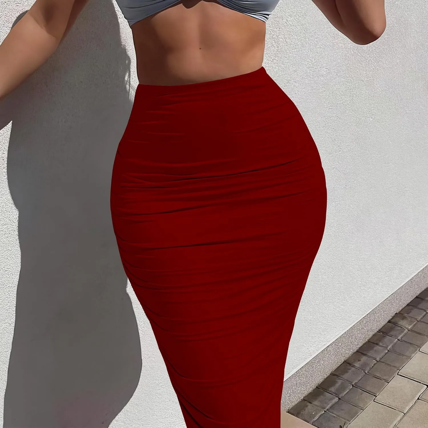 Women's Plus Size Midi Skirt Ruched Bodycon High Waist Wrap Long Skirts Slim fit Party Club Night Out Pencil Skirt