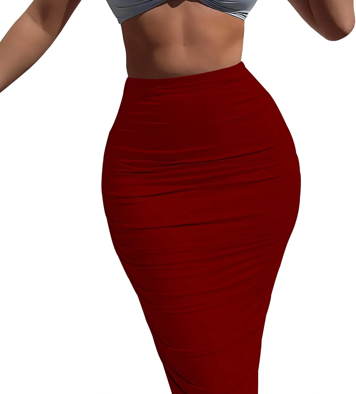 Women's Plus Size Midi Skirt Ruched Bodycon High Waist Wrap Long Skirts Slim fit Party Club Night Out Pencil Skirt