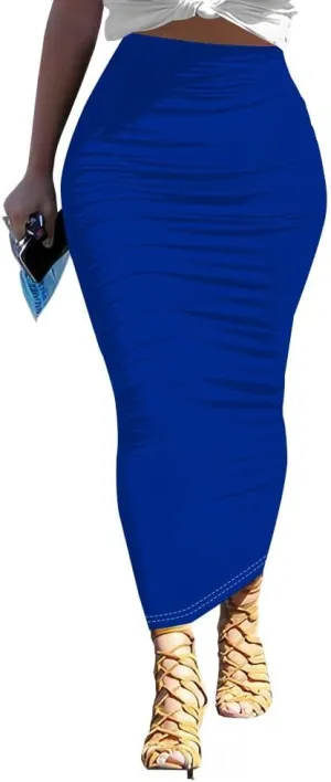 Women's Plus Size Midi Skirt Ruched Bodycon High Waist Wrap Long Skirts Slim fit Party Club Night Out Pencil Skirt