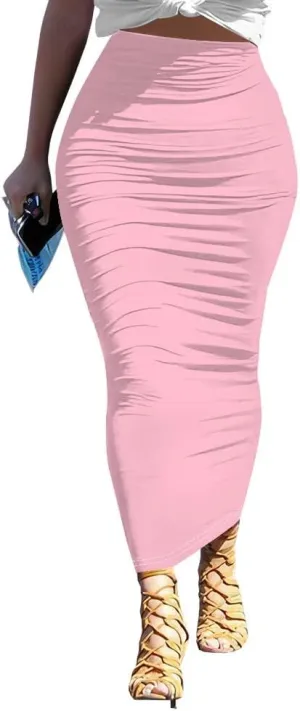 Women's Plus Size Midi Skirt Ruched Bodycon High Waist Wrap Long Skirts Slim fit Party Club Night Out Pencil Skirt