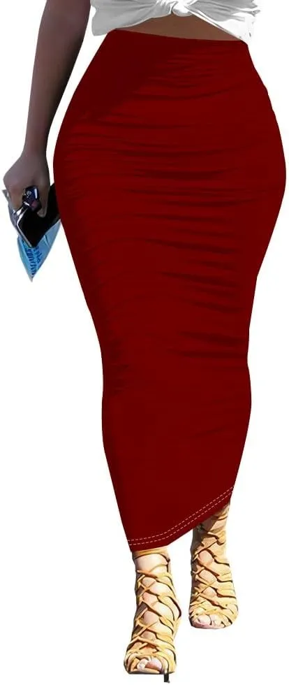 Women's Plus Size Midi Skirt Ruched Bodycon High Waist Wrap Long Skirts Slim fit Party Club Night Out Pencil Skirt