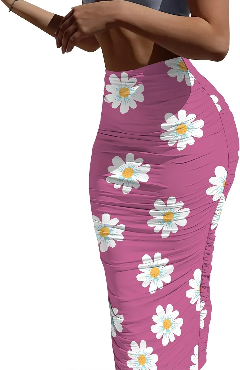 Women's Plus Size Midi Skirt Ruched Bodycon High Waist Wrap Long Skirts Slim fit Party Club Night Out Pencil Skirt