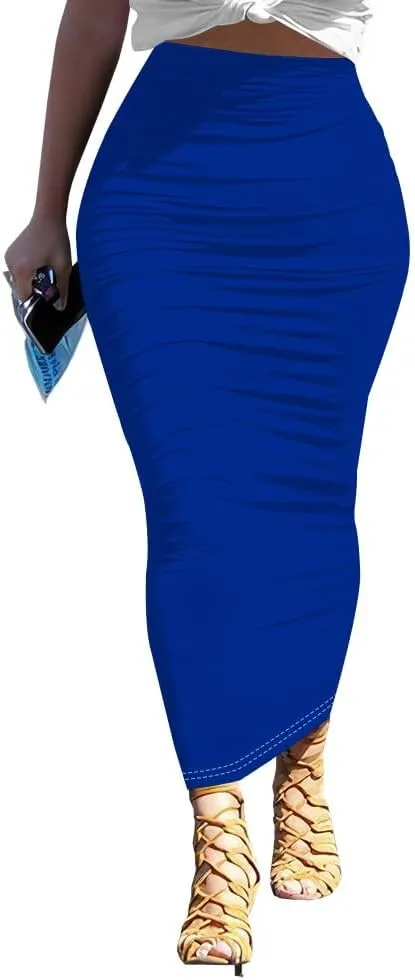 Women's Plus Size Midi Skirt Ruched Bodycon High Waist Wrap Long Skirts Slim fit Party Club Night Out Pencil Skirt