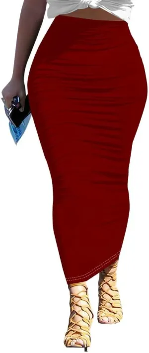 Women's Plus Size Midi Skirt Ruched Bodycon High Waist Wrap Long Skirts Slim fit Party Club Night Out Pencil Skirt