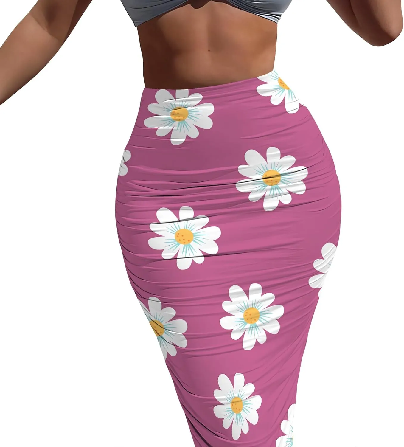 Women's Plus Size Midi Skirt Ruched Bodycon High Waist Wrap Long Skirts Slim fit Party Club Night Out Pencil Skirt