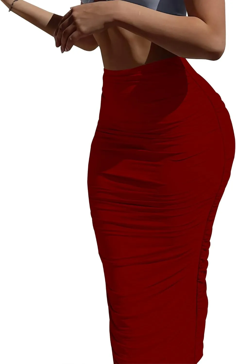 Women's Plus Size Midi Skirt Ruched Bodycon High Waist Wrap Long Skirts Slim fit Party Club Night Out Pencil Skirt