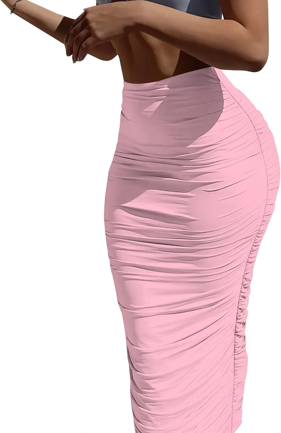 Women's Plus Size Midi Skirt Ruched Bodycon High Waist Wrap Long Skirts Slim fit Party Club Night Out Pencil Skirt