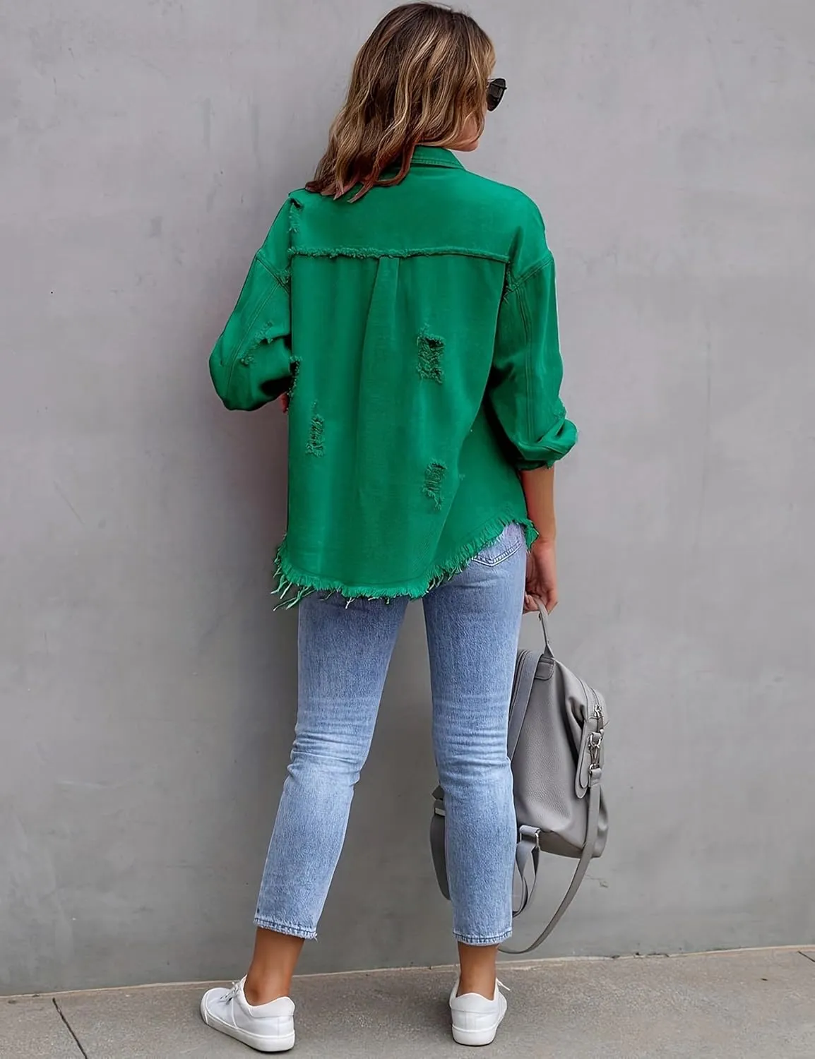 Womens Ripped Distressed Denim Jacket Tops Oversized Casual Long Sleeve Basic Jean Jacket Coats