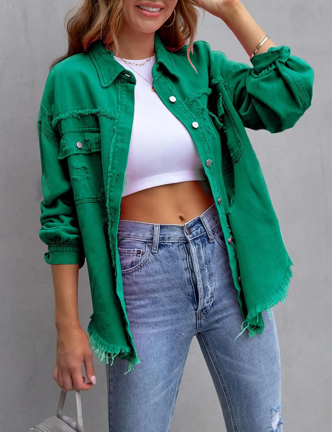 Womens Ripped Distressed Denim Jacket Tops Oversized Casual Long Sleeve Basic Jean Jacket Coats