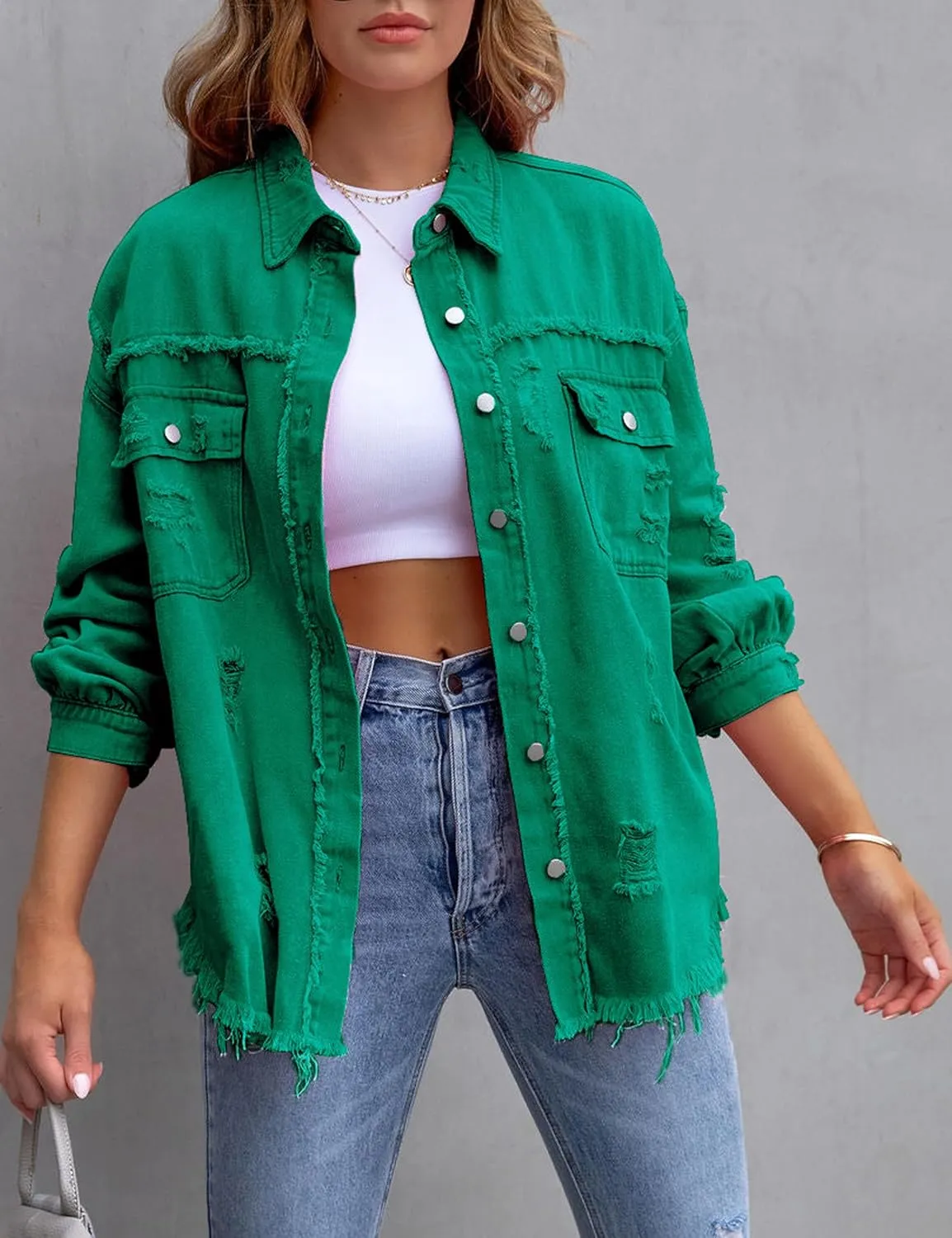 Womens Ripped Distressed Denim Jacket Tops Oversized Casual Long Sleeve Basic Jean Jacket Coats