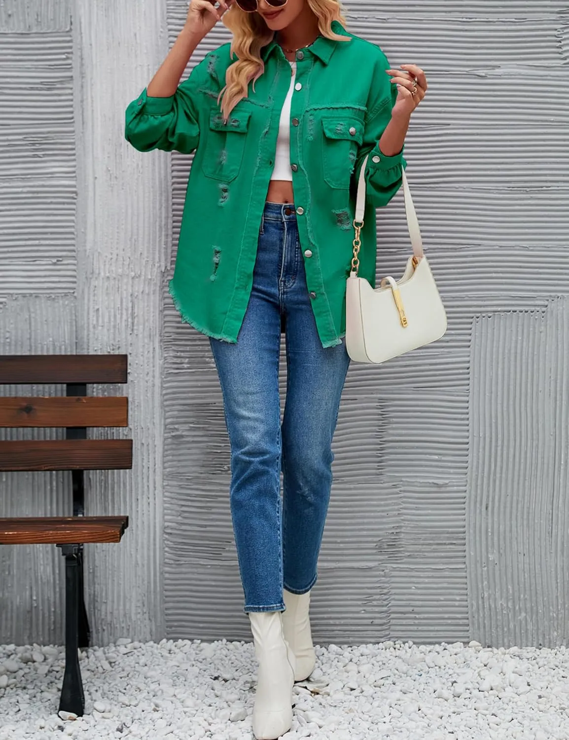 Womens Ripped Distressed Denim Jacket Tops Oversized Casual Long Sleeve Basic Jean Jacket Coats