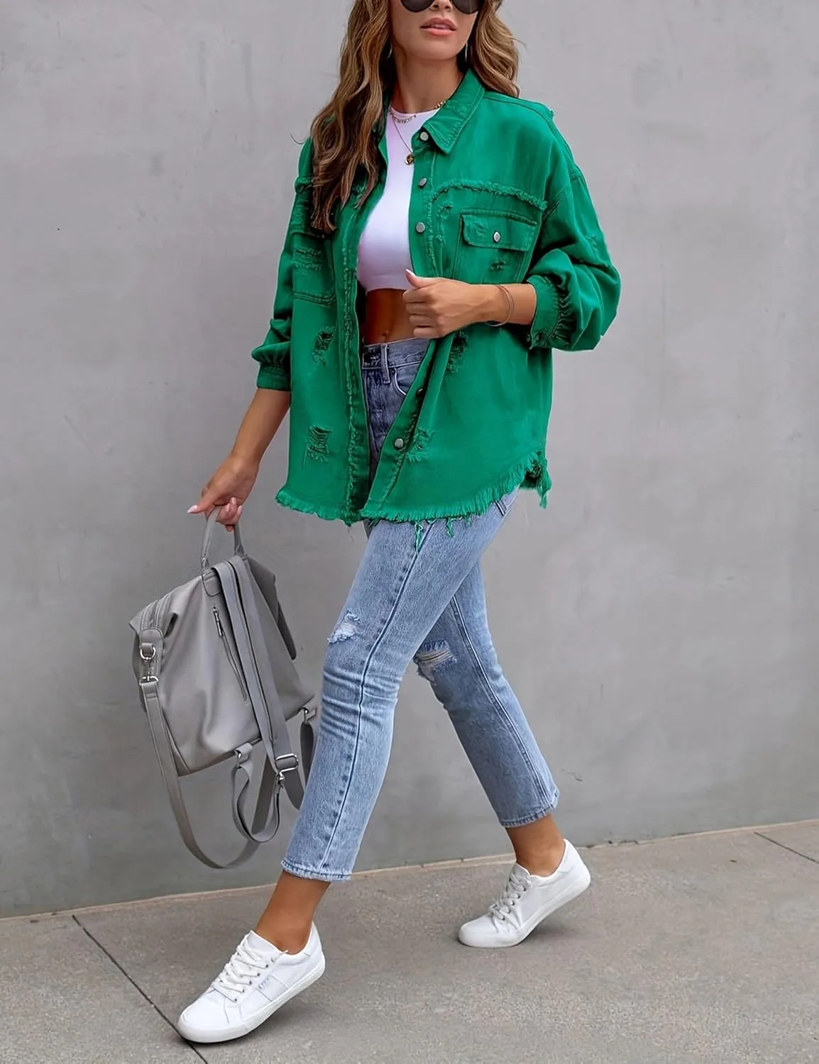 Womens Ripped Distressed Denim Jacket Tops Oversized Casual Long Sleeve Basic Jean Jacket Coats