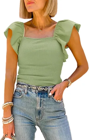 Women's Ruffle Strap Tank Top Square Neck Fitted Ribbed Cami Going Out Tops with Ruffle Cap Sleeve