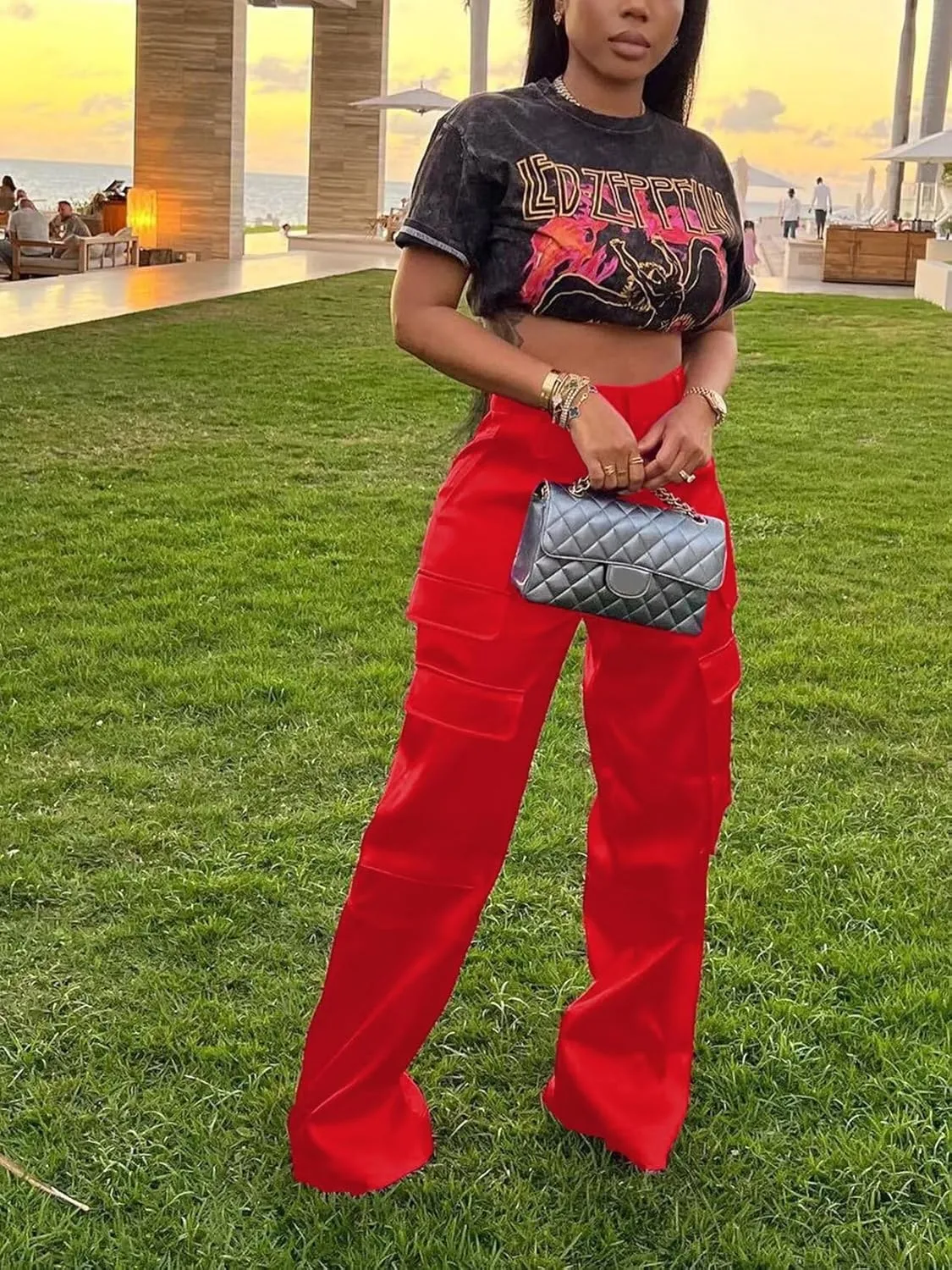 Women's Shiny Satin Cargo Pants Silky Metallic Extra Long Casual Trousers with Multi Pockets