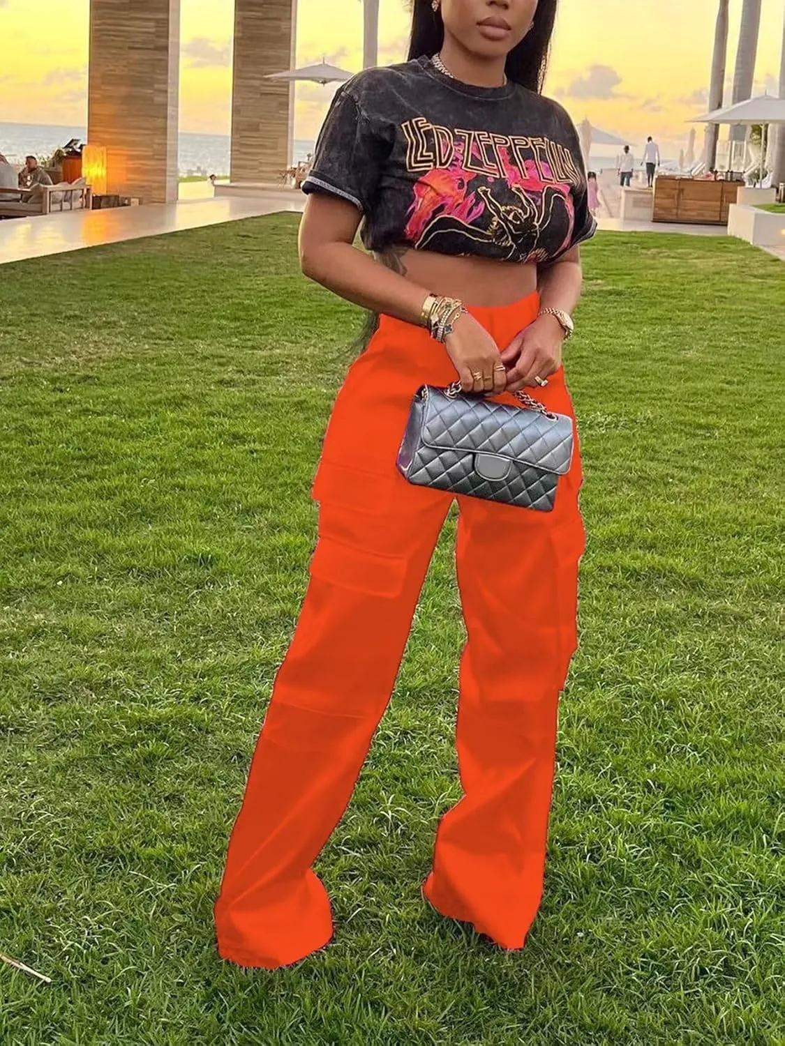 Women's Shiny Satin Cargo Pants Silky Metallic Extra Long Casual Trousers with Multi Pockets