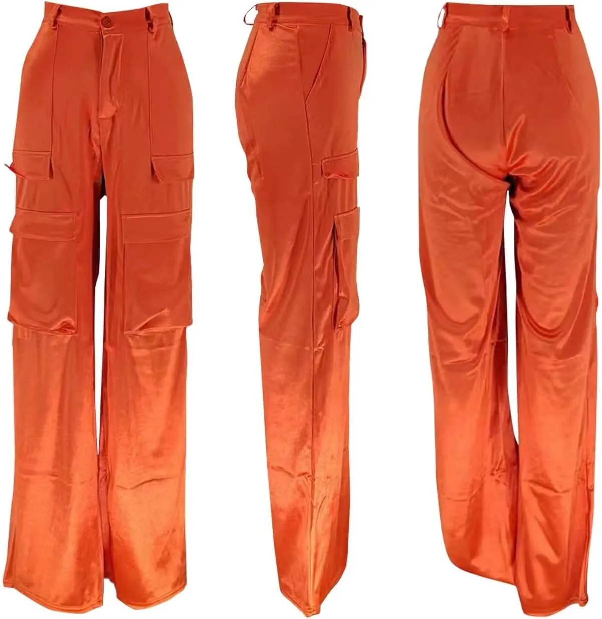Women's Shiny Satin Cargo Pants Silky Metallic Extra Long Casual Trousers with Multi Pockets