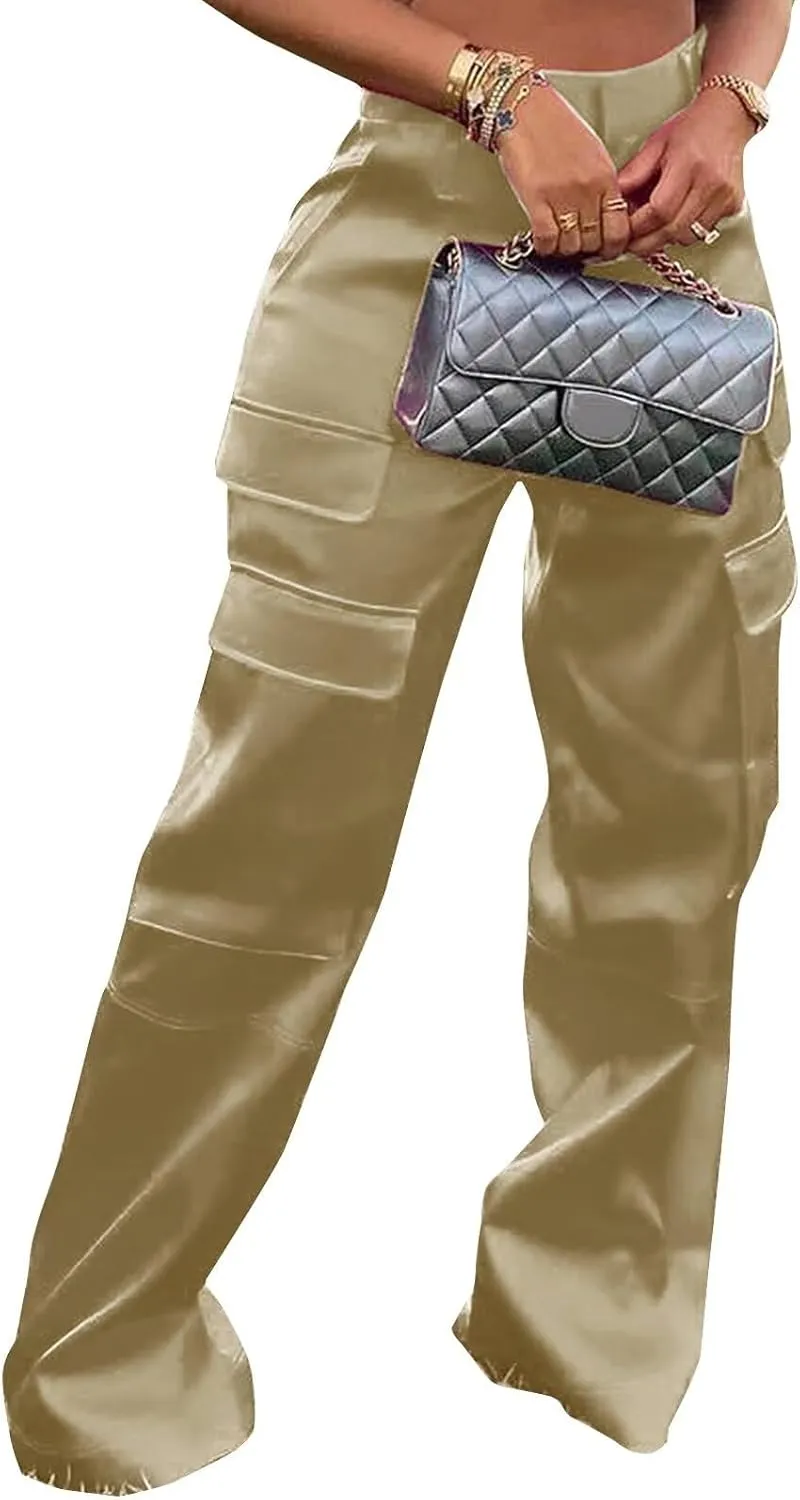 Women's Shiny Satin Cargo Pants Silky Metallic Extra Long Casual Trousers with Multi Pockets