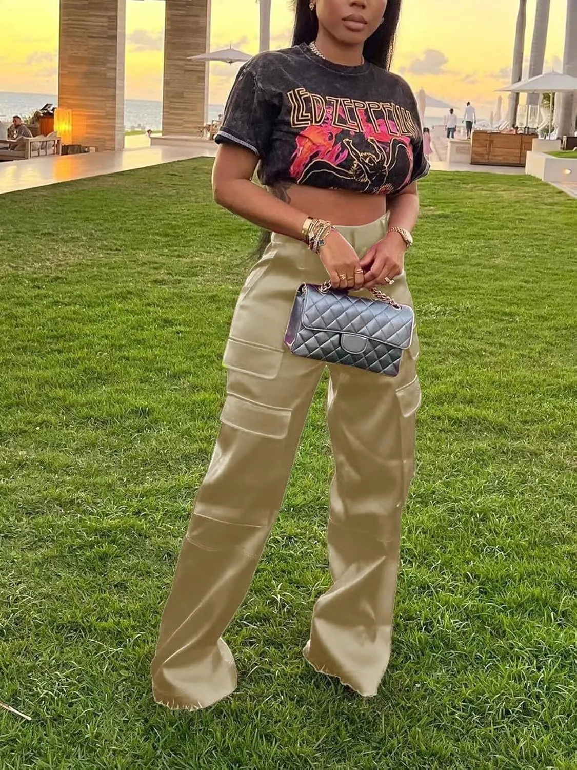 Women's Shiny Satin Cargo Pants Silky Metallic Extra Long Casual Trousers with Multi Pockets