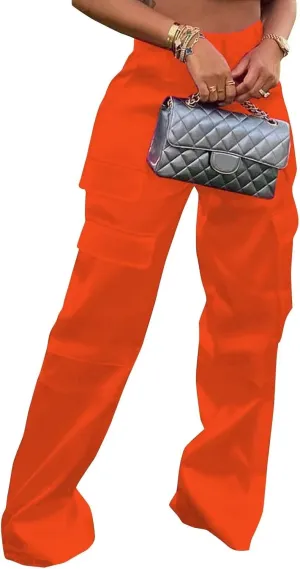 Women's Shiny Satin Cargo Pants Silky Metallic Extra Long Casual Trousers with Multi Pockets