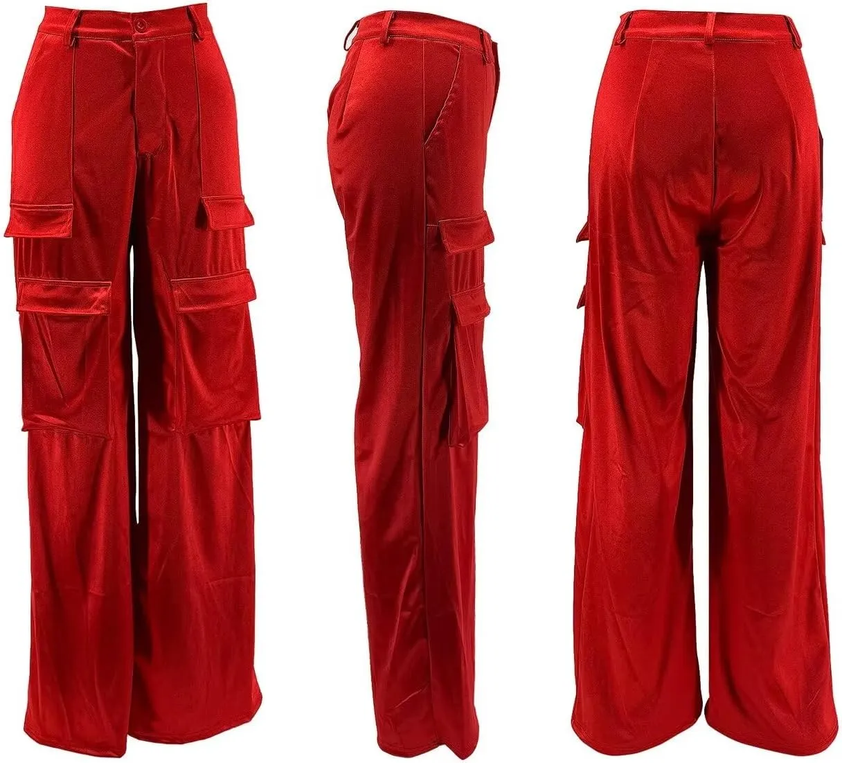 Women's Shiny Satin Cargo Pants Silky Metallic Extra Long Casual Trousers with Multi Pockets