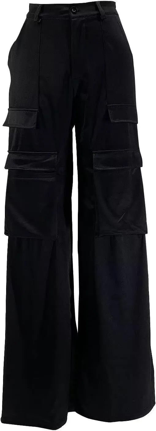 Women's Shiny Satin Cargo Pants Silky Metallic Extra Long Casual Trousers with Multi Pockets