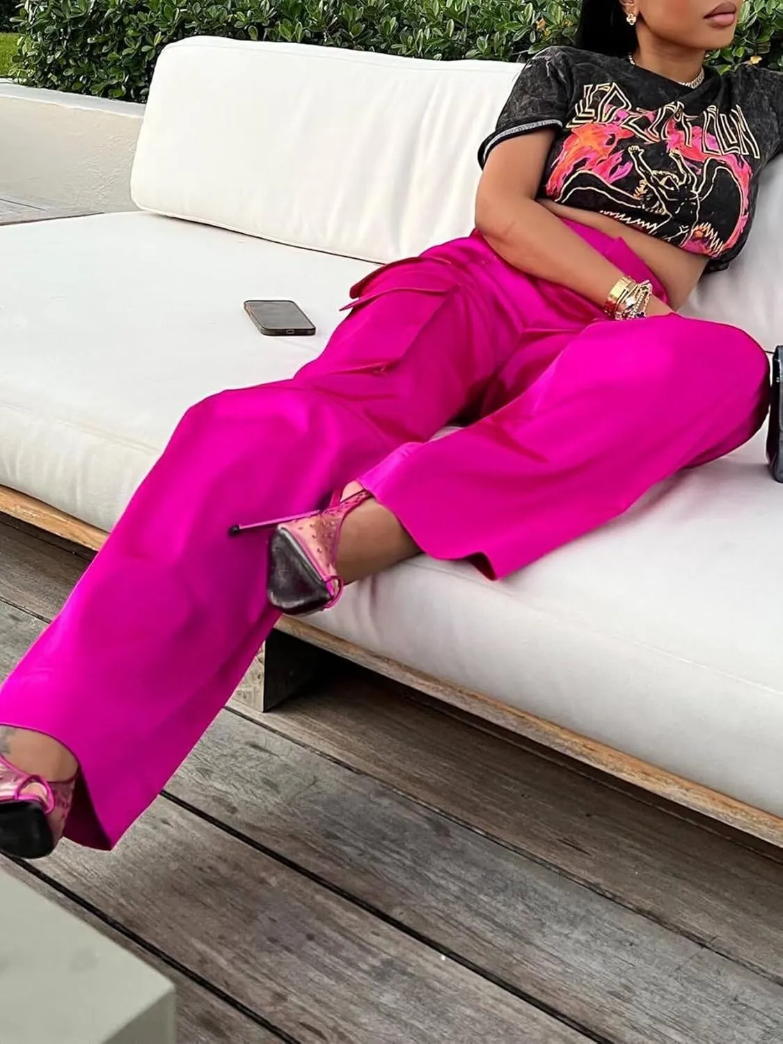 Women's Shiny Satin Cargo Pants Silky Metallic Extra Long Casual Trousers with Multi Pockets