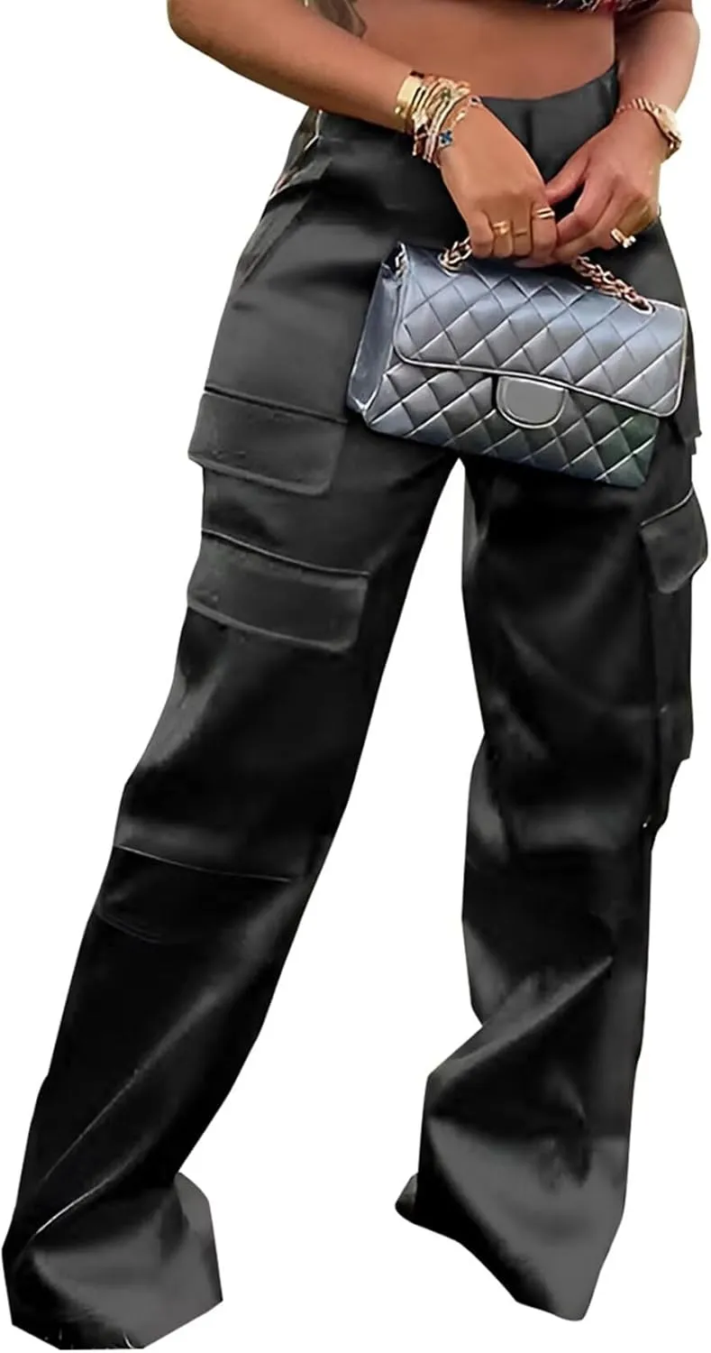 Women's Shiny Satin Cargo Pants Silky Metallic Extra Long Casual Trousers with Multi Pockets