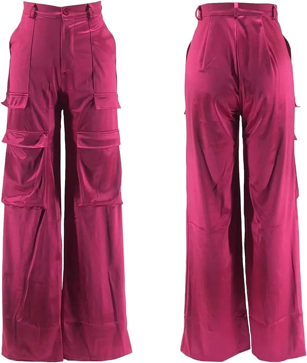 Women's Shiny Satin Cargo Pants Silky Metallic Extra Long Casual Trousers with Multi Pockets