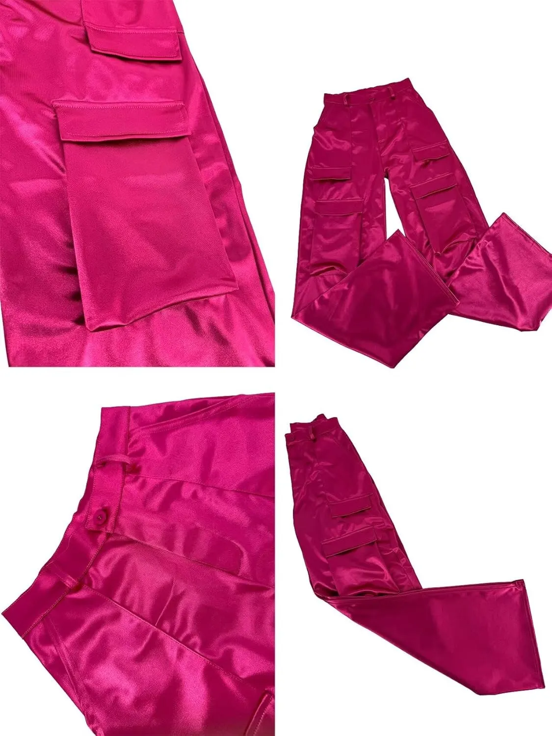 Women's Shiny Satin Cargo Pants Silky Metallic Extra Long Casual Trousers with Multi Pockets