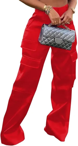 Women's Shiny Satin Cargo Pants Silky Metallic Extra Long Casual Trousers with Multi Pockets