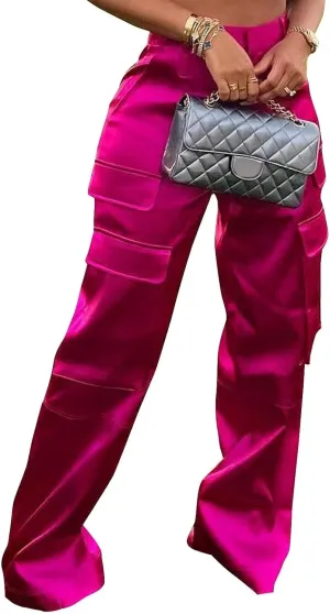 Women's Shiny Satin Cargo Pants Silky Metallic Extra Long Casual Trousers with Multi Pockets