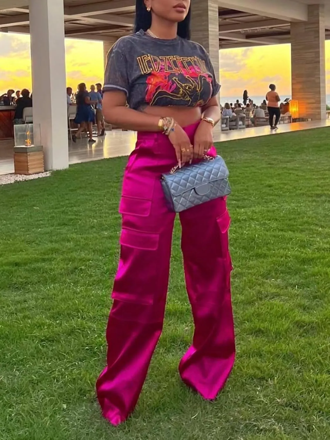 Women's Shiny Satin Cargo Pants Silky Metallic Extra Long Casual Trousers with Multi Pockets