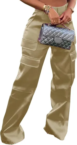 Women's Shiny Satin Cargo Pants Silky Metallic Extra Long Casual Trousers with Multi Pockets