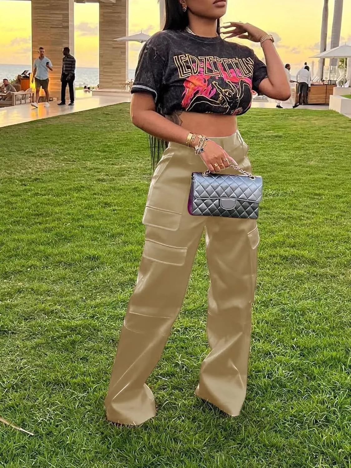 Women's Shiny Satin Cargo Pants Silky Metallic Extra Long Casual Trousers with Multi Pockets