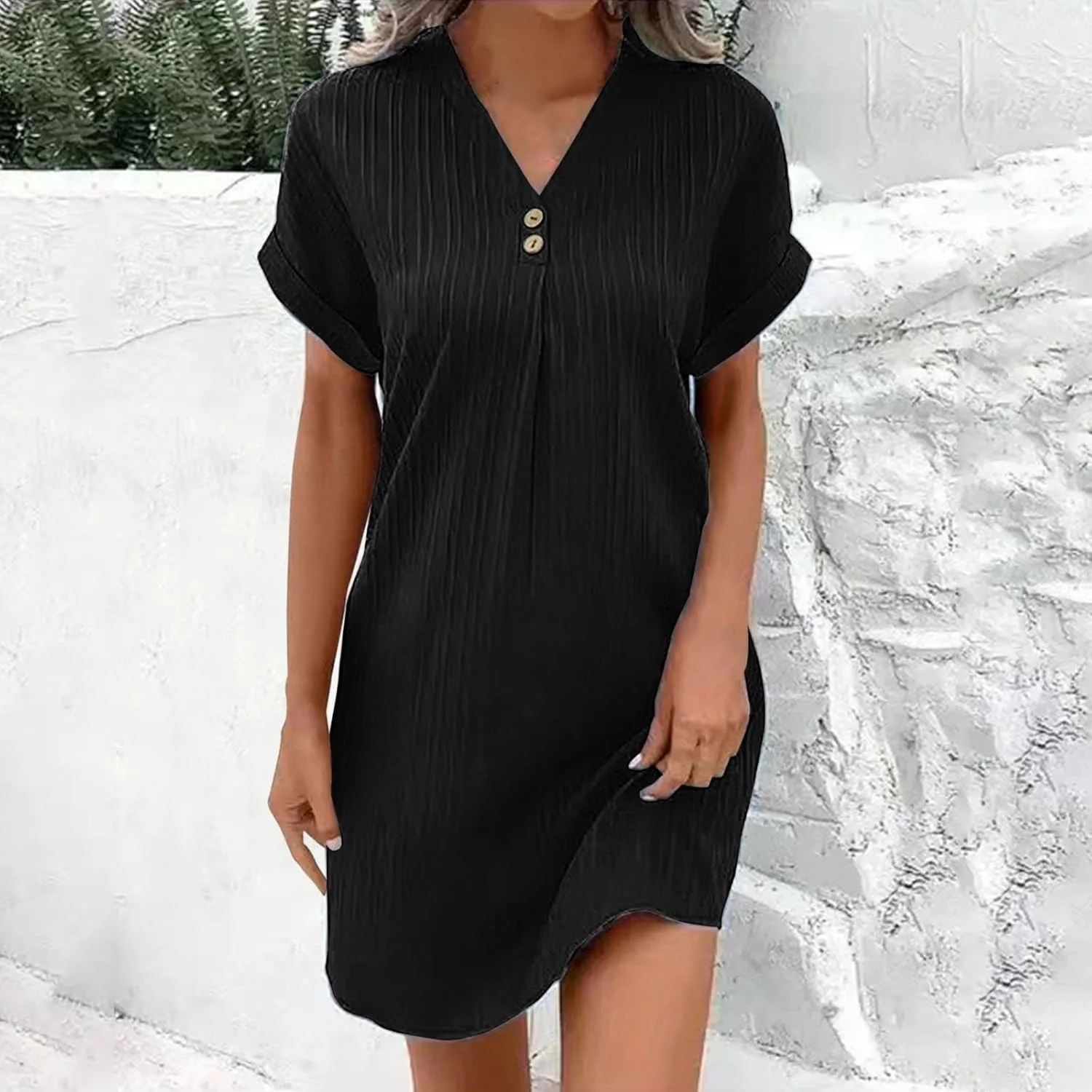Womens Short Sleeve Casual Summer Dress V Neck Boho Beach Mini T Shirt Dress Dressy Work Button Down Swing Dresses