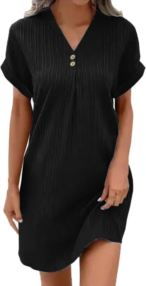 Womens Short Sleeve Casual Summer Dress V Neck Boho Beach Mini T Shirt Dress Dressy Work Button Down Swing Dresses