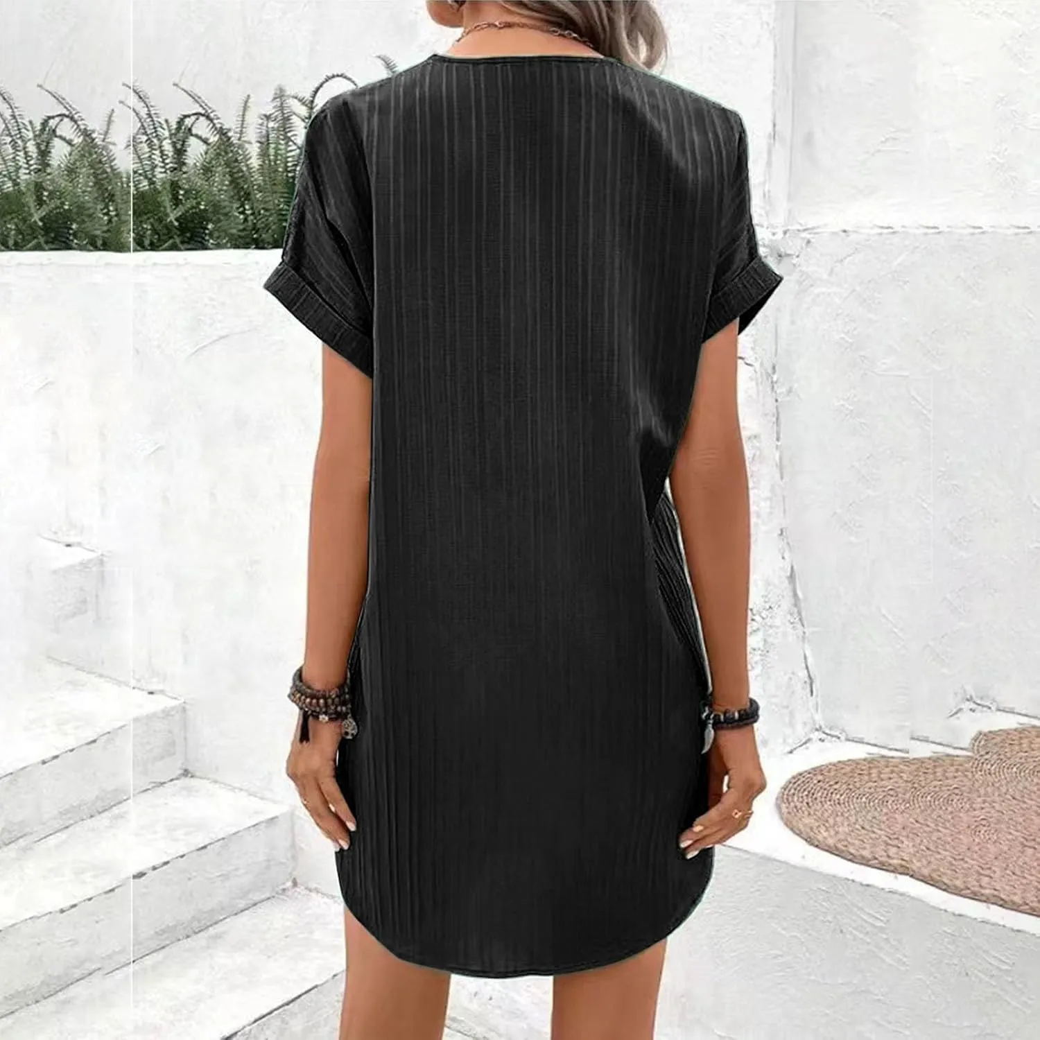 Womens Short Sleeve Casual Summer Dress V Neck Boho Beach Mini T Shirt Dress Dressy Work Button Down Swing Dresses