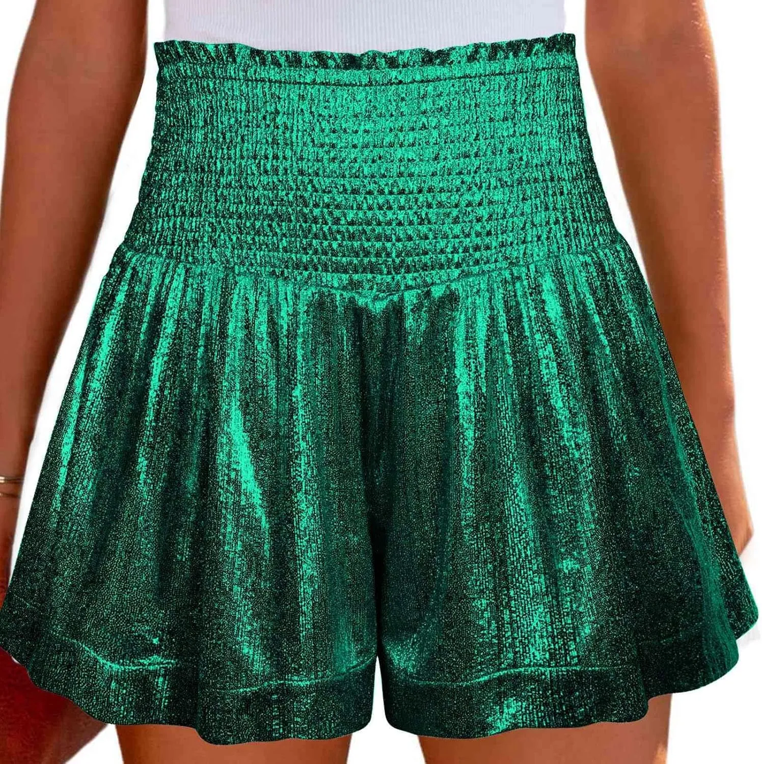 Women's Skirt Casual Loose and Elastic Waist Flash Shorts Metallic Fashion Pleated Waist Short High Skirt for