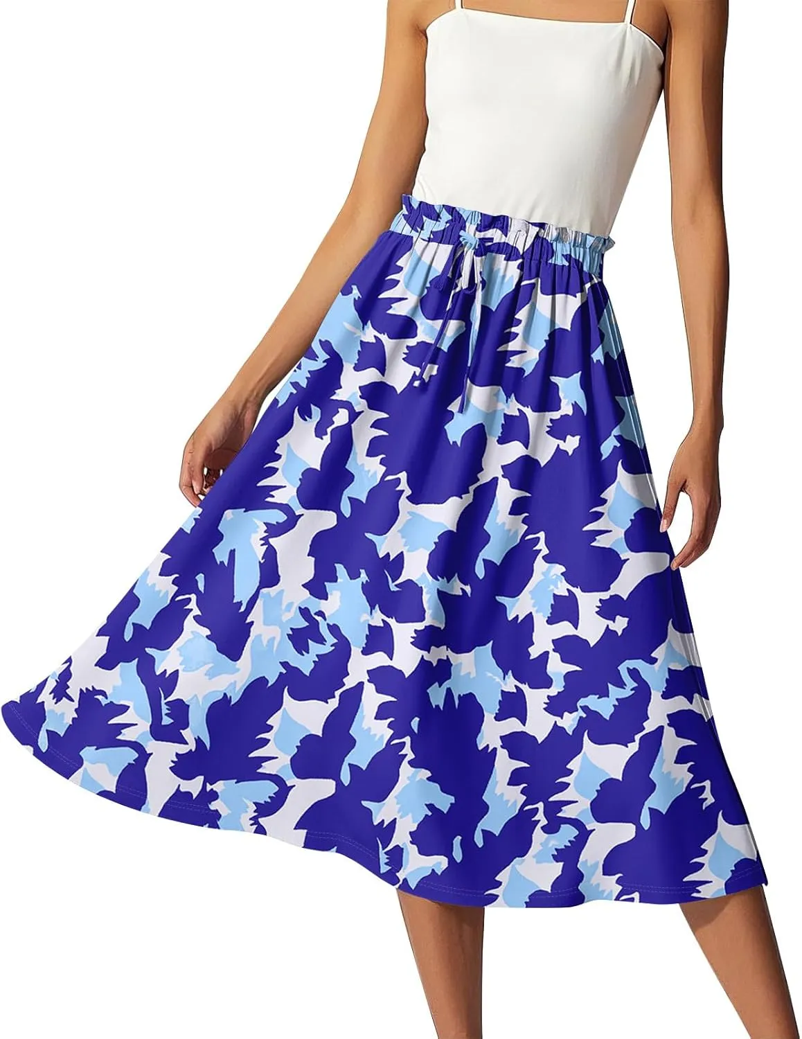 Womens Skirts Midi Length Boho Summer Drawstring Elastic High Waist Skirts Knee Length A Line Floral Pleated Skirt