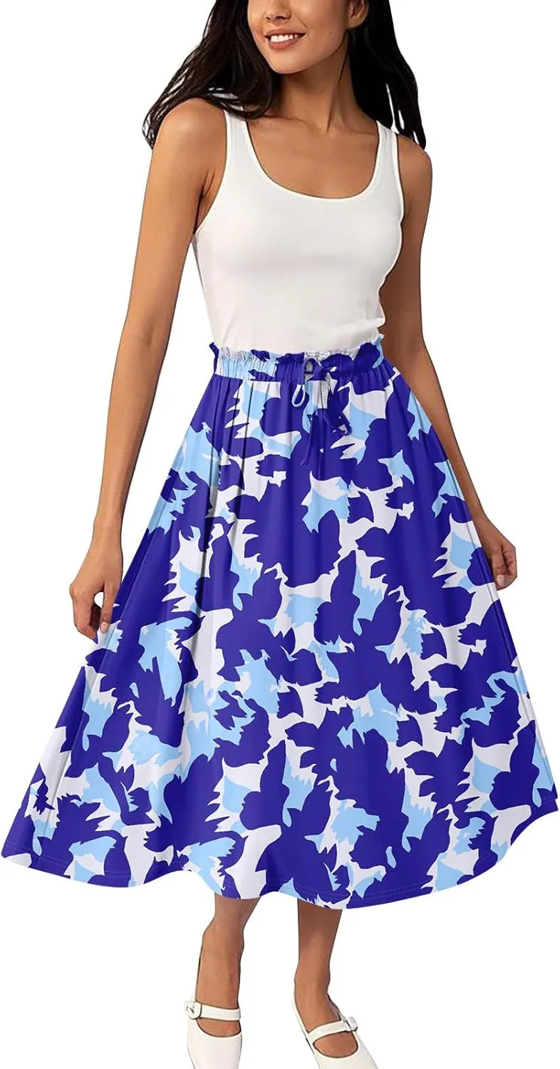Womens Skirts Midi Length Boho Summer Drawstring Elastic High Waist Skirts Knee Length A Line Floral Pleated Skirt