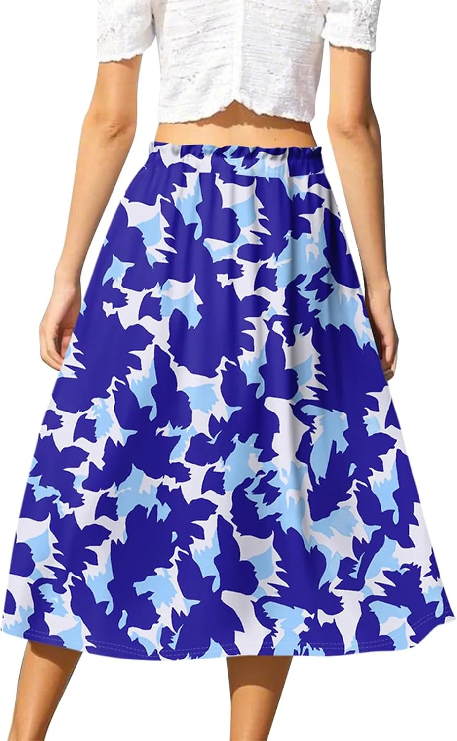 Womens Skirts Midi Length Boho Summer Drawstring Elastic High Waist Skirts Knee Length A Line Floral Pleated Skirt