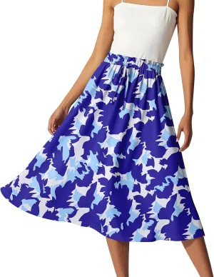 Womens Skirts Midi Length Boho Summer Drawstring Elastic High Waist Skirts Knee Length A Line Floral Pleated Skirt